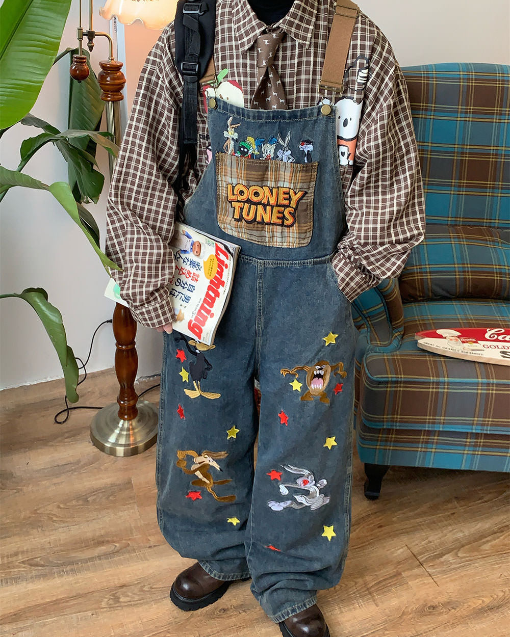 90's kids embroidered overalls