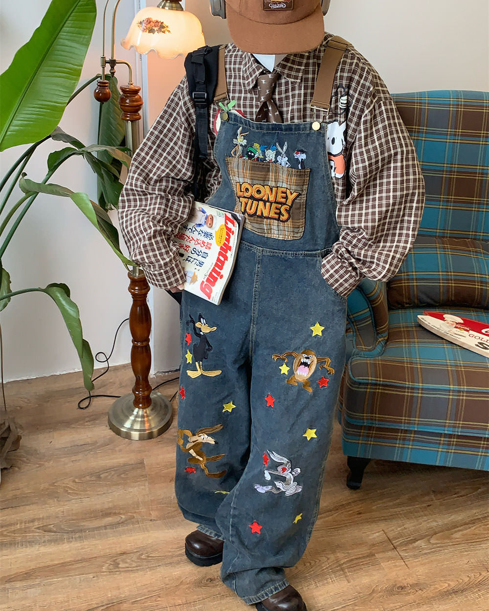 90's kids embroidered overalls