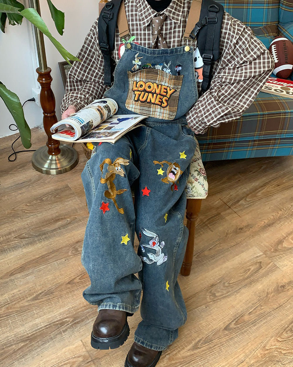 90's kids embroidered overalls