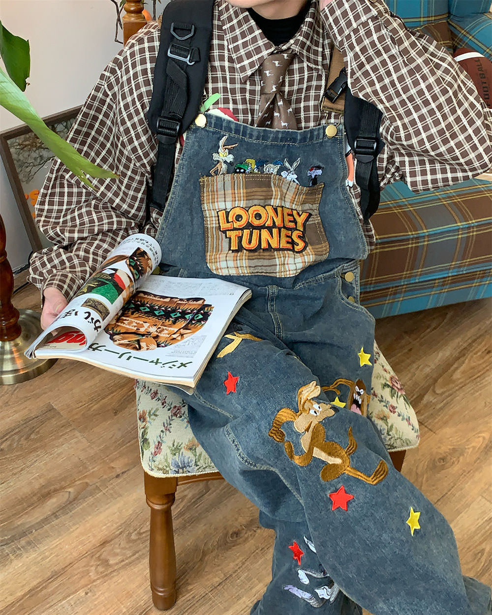 90's kids embroidered overalls