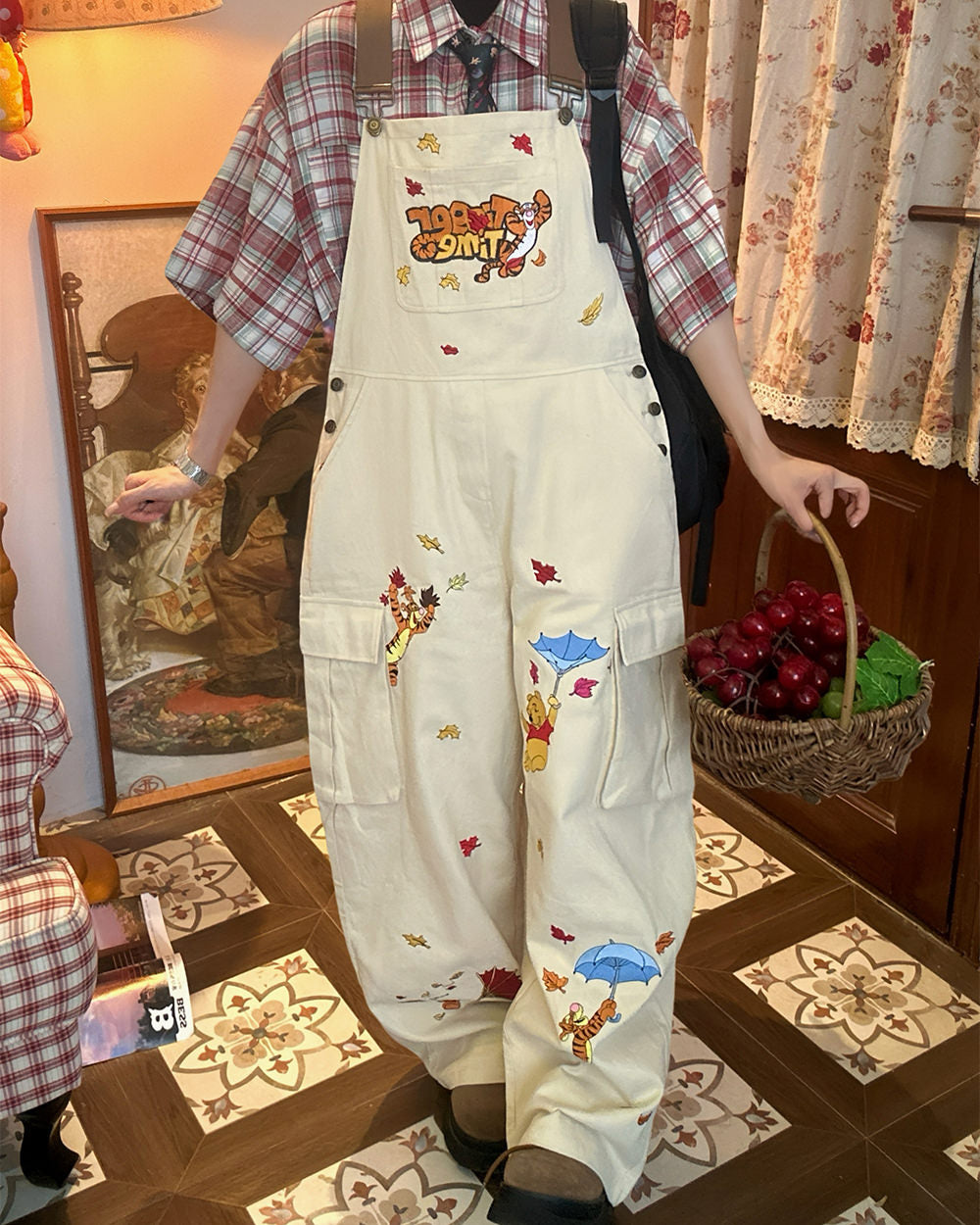 90's kids embroidery overalls