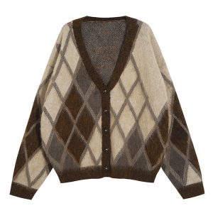 brown argyle fuzzy cardigan boogzel clothing.jpg