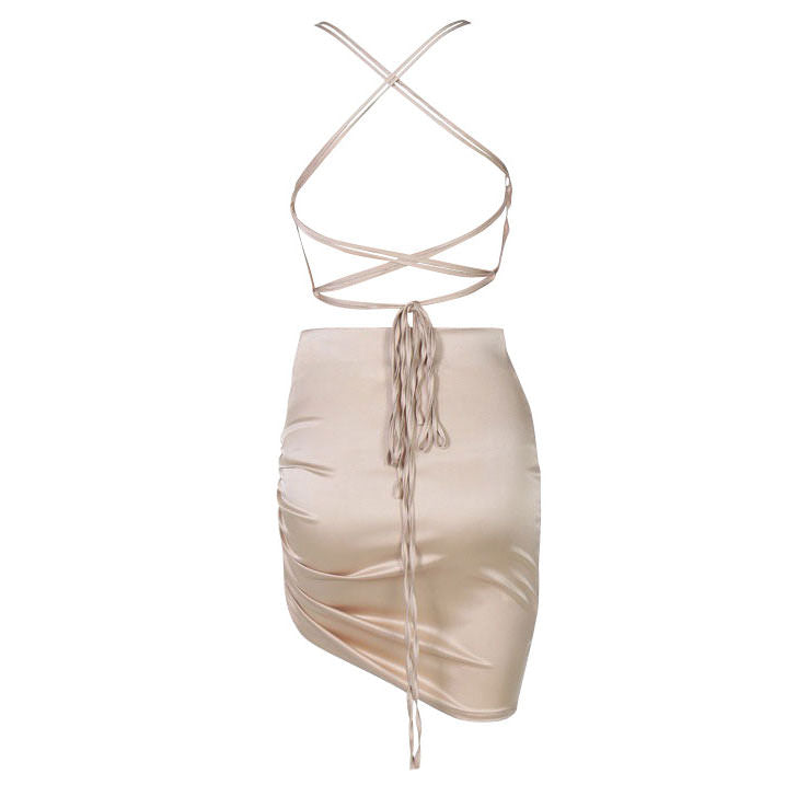 parisian lace up satin dress