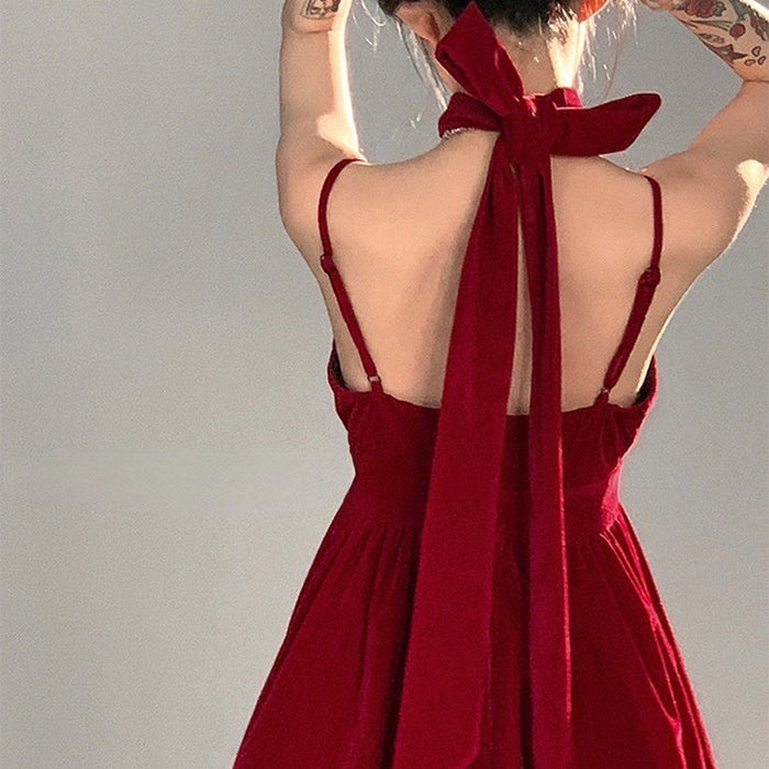 red velvet halter dress