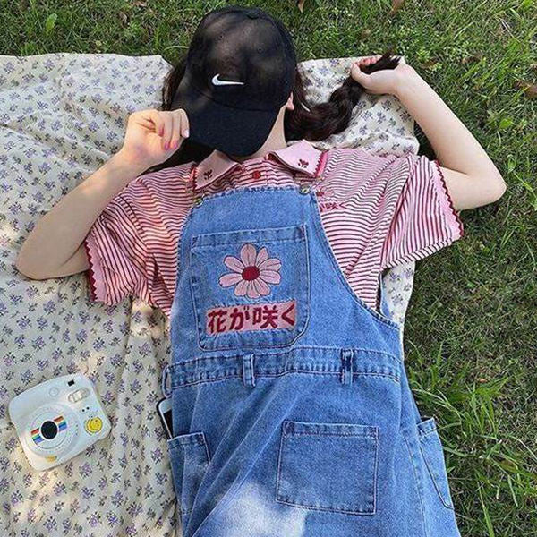 sakura embroidery dungaree shorts