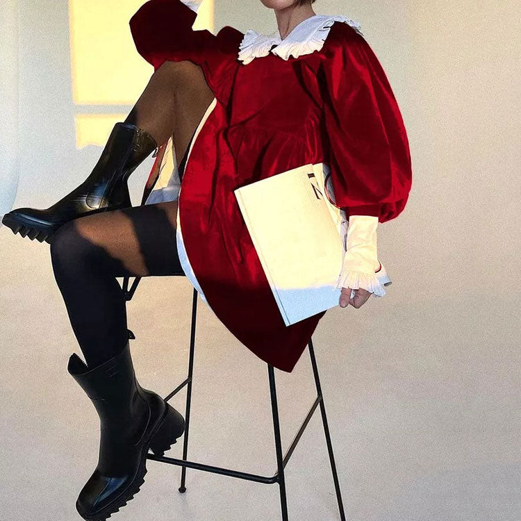 velvet collar mini black dress