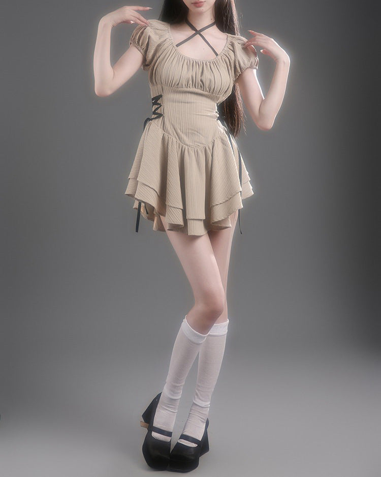 coquette mini dress in beige
