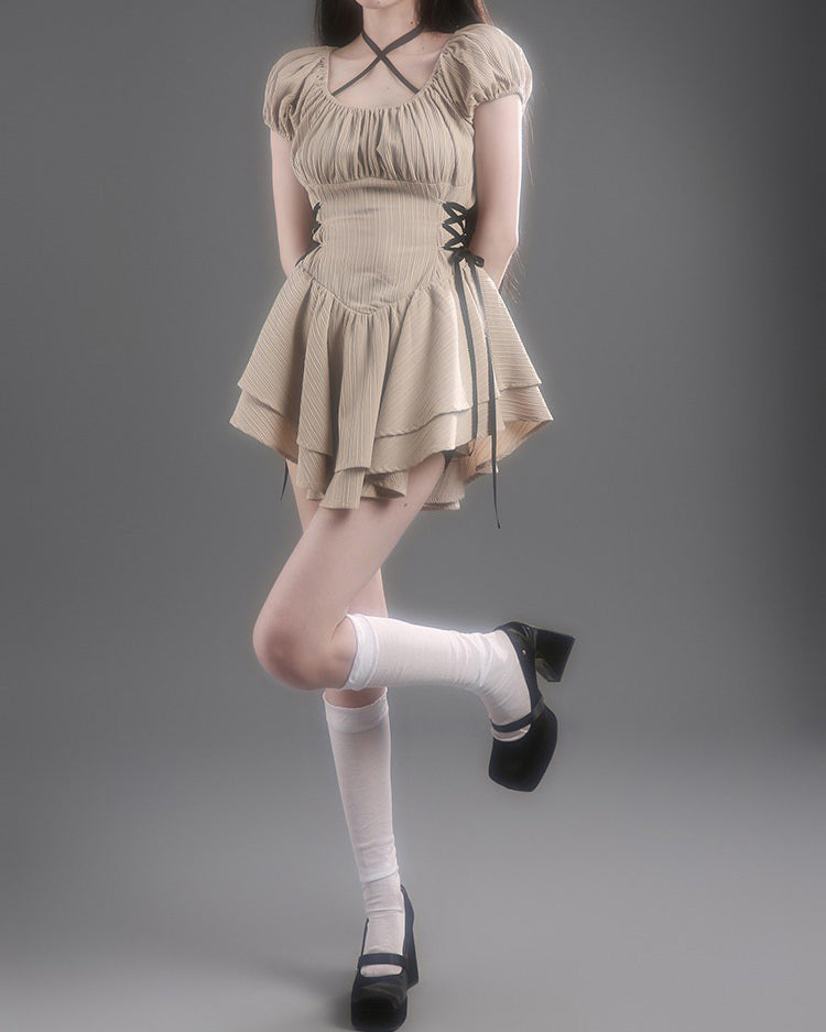 coquette mini dress in beige