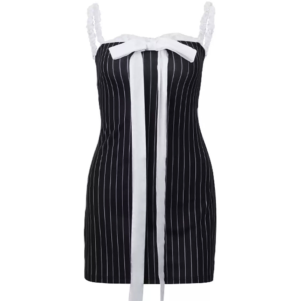 bow lace striped mini dress
