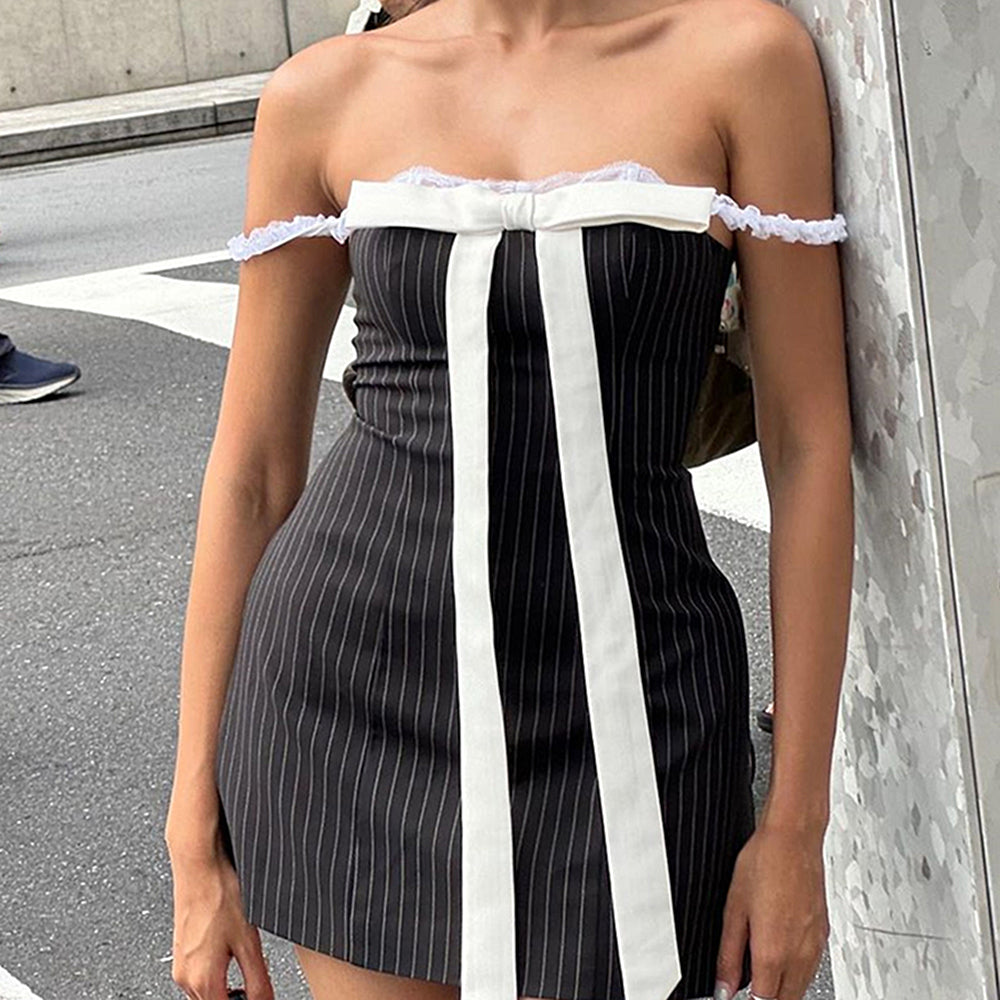 bow lace striped mini dress