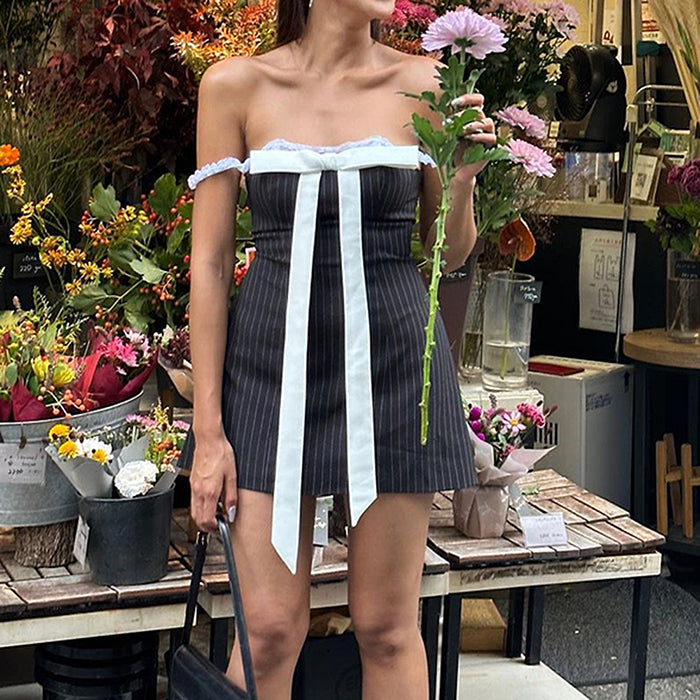 bow lace striped mini dress