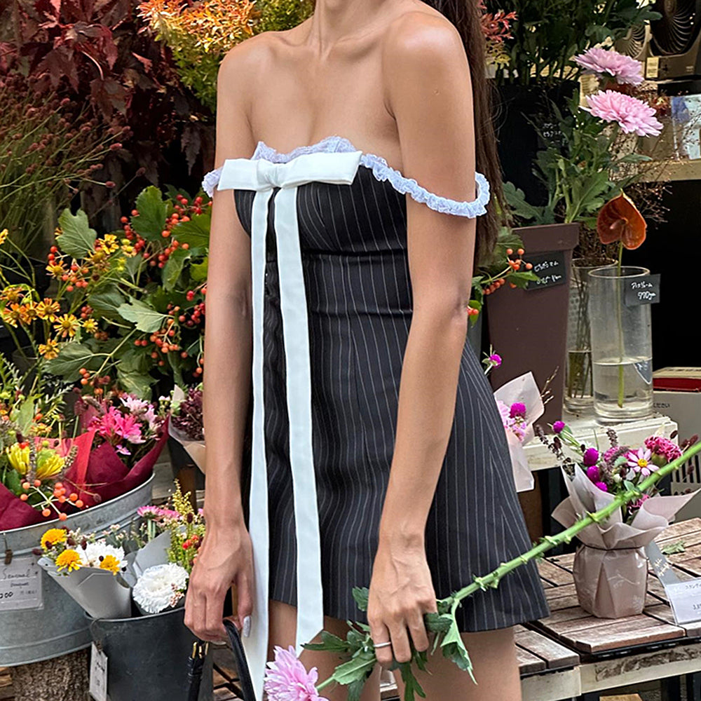 bow lace striped mini dress