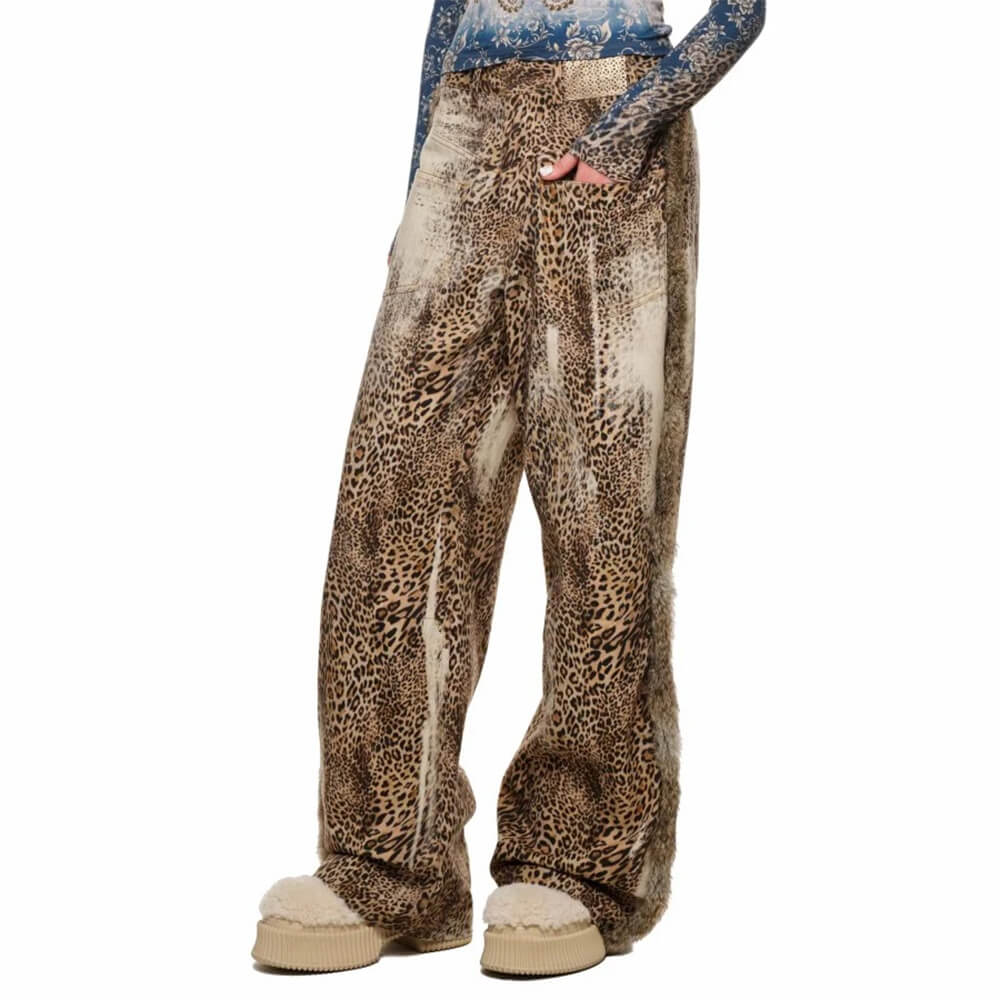 faded leopard print wide leg trousers