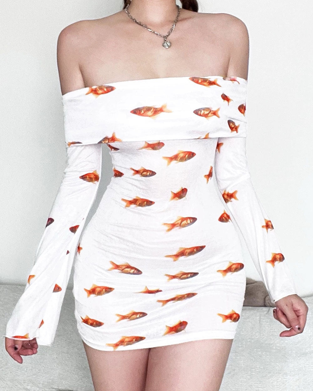 goldfish off shoulder mini dress