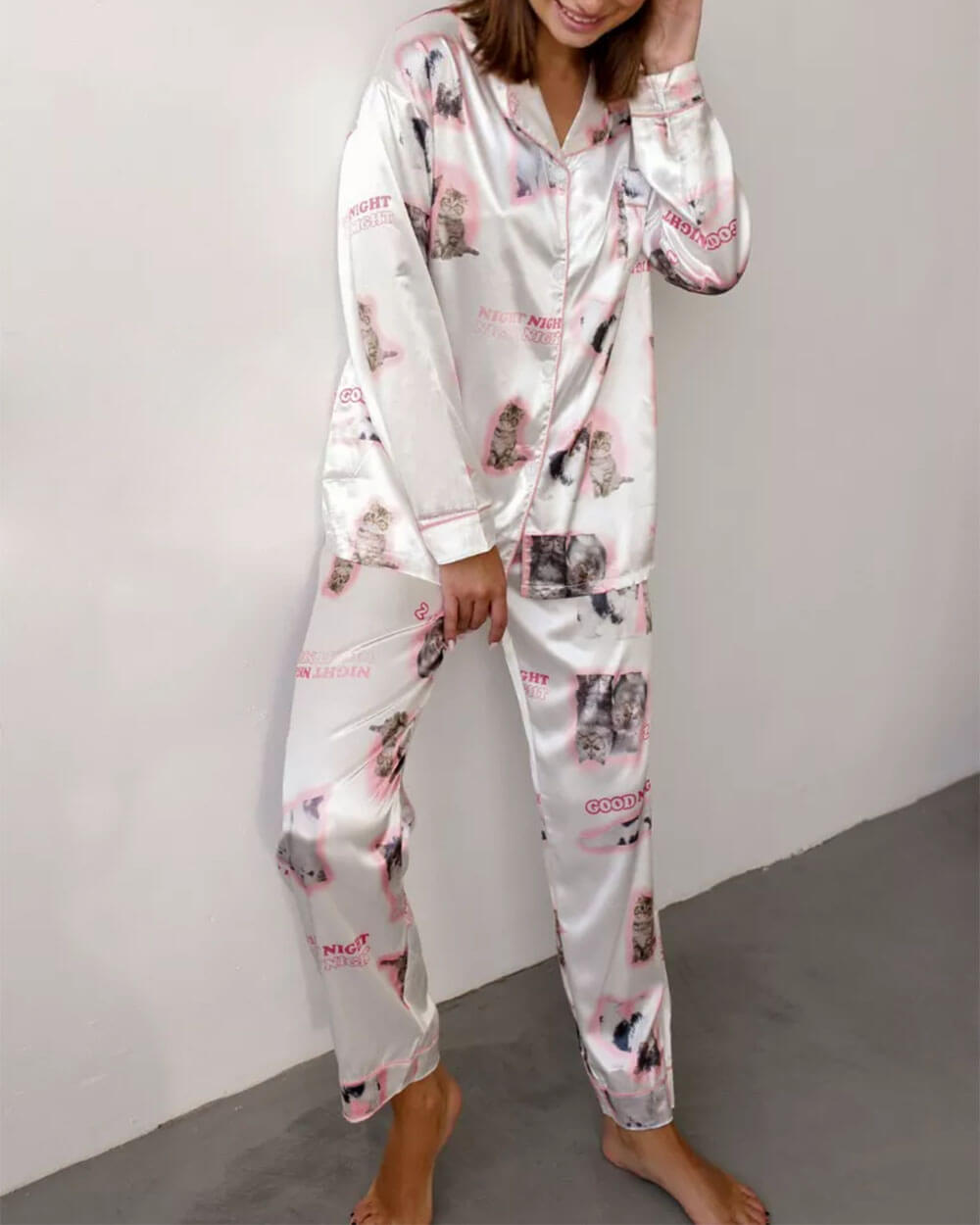 kitty satin pajama set