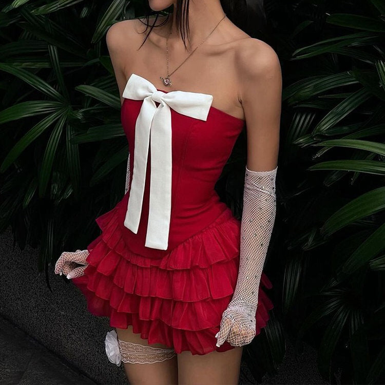 flirty babe bow dress in red