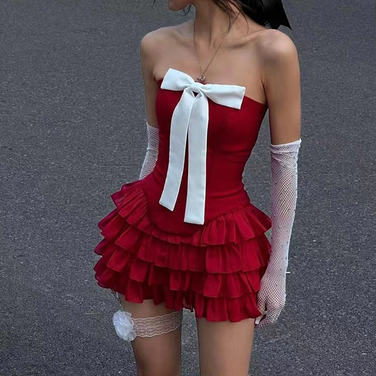 flirty babe bow dress in red