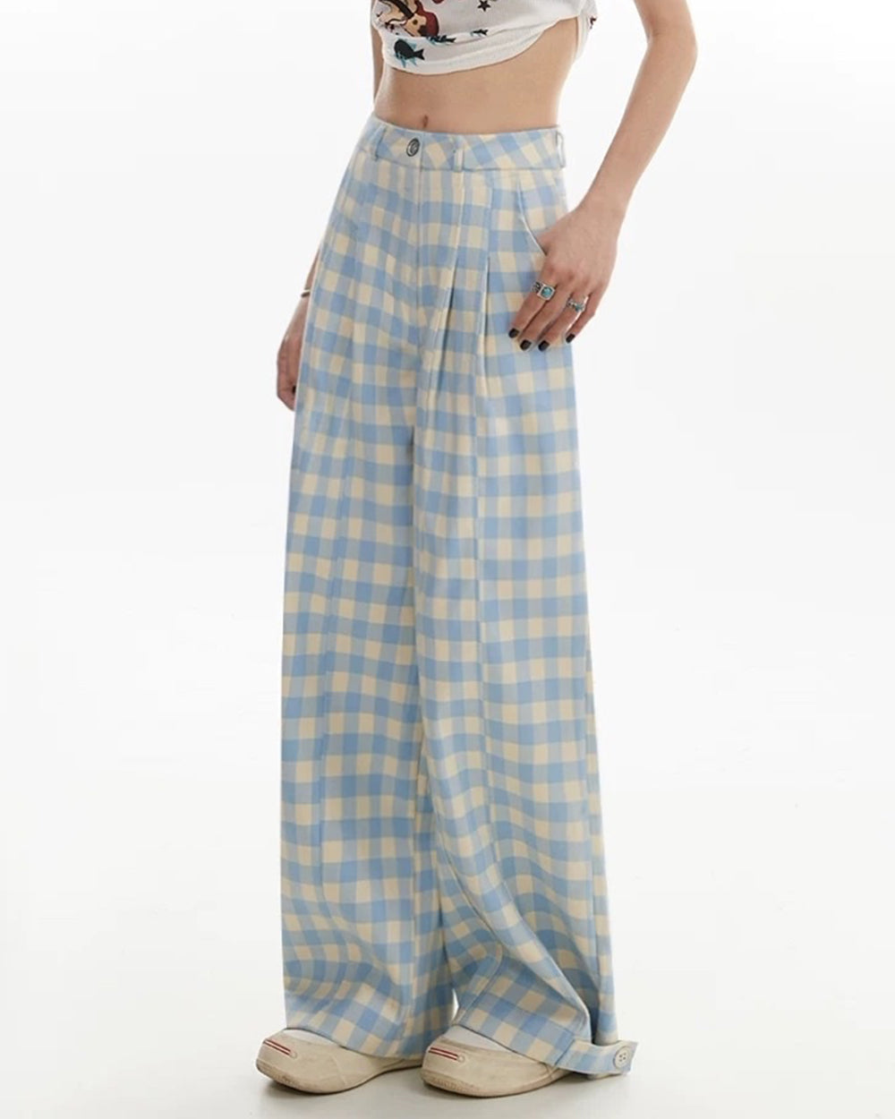 wide leg blue gingham trousers