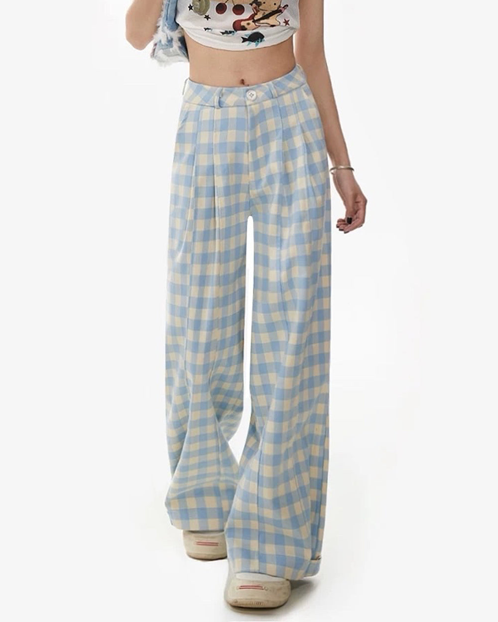 wide leg blue gingham trousers