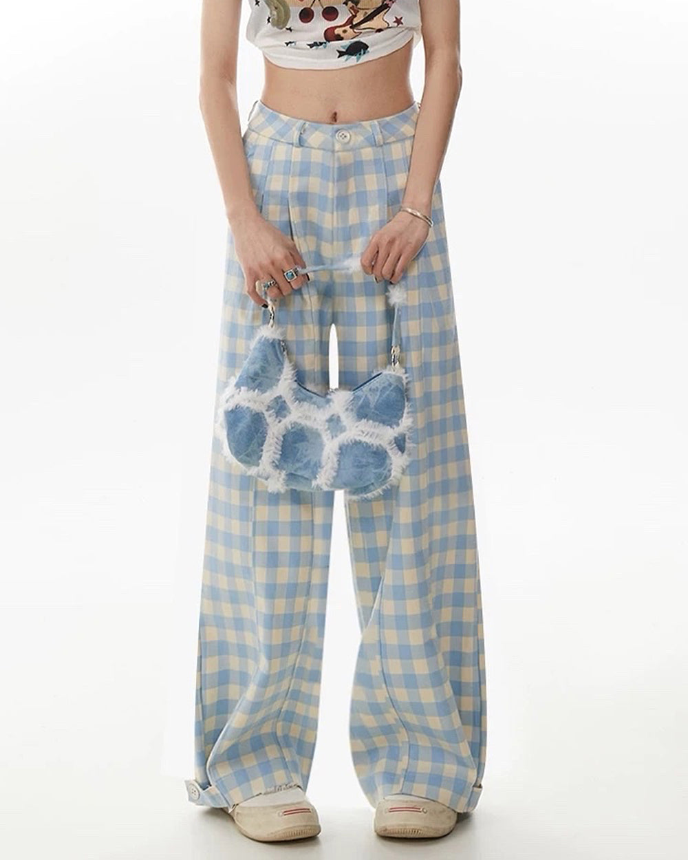 wide leg blue gingham trousers