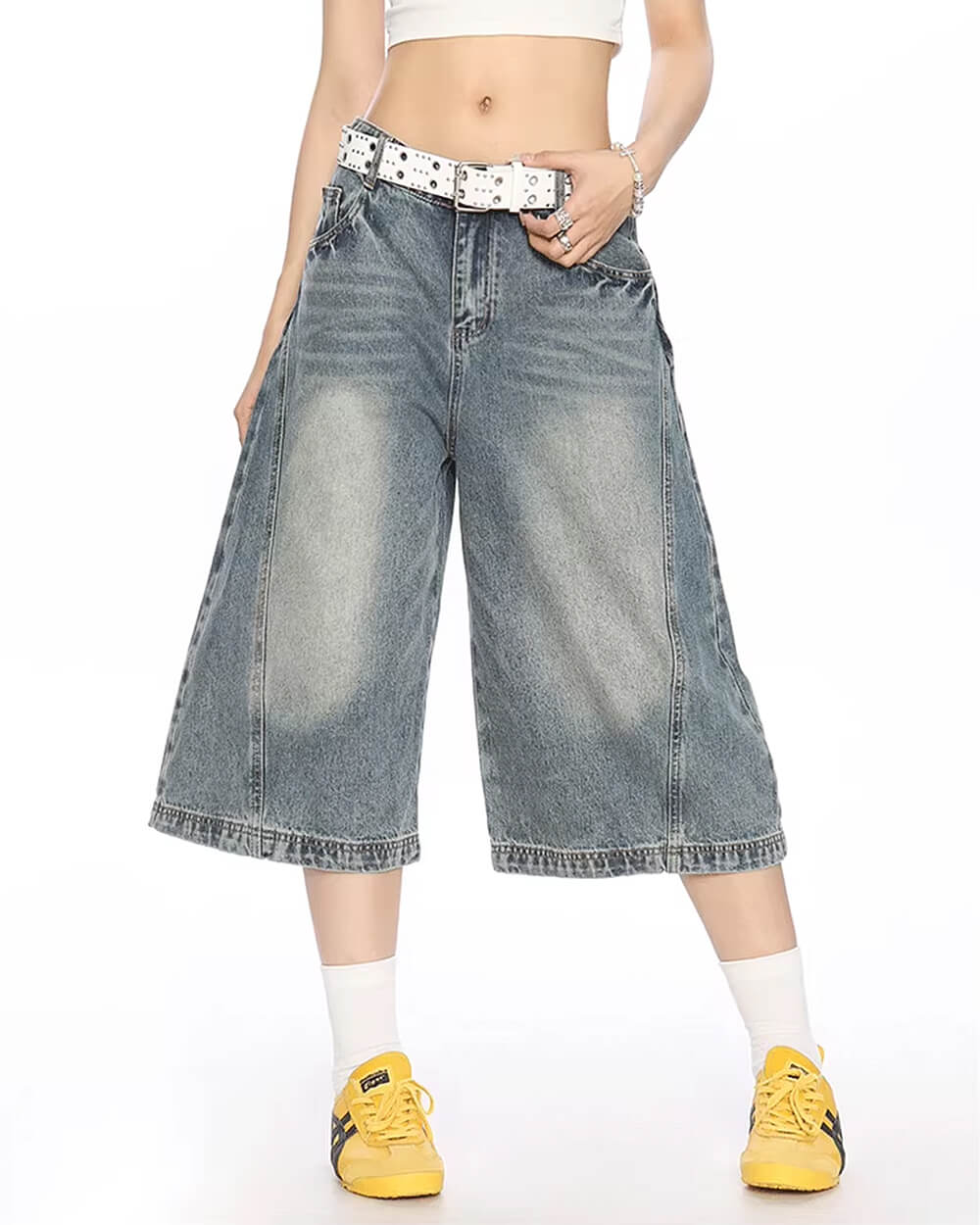 wide leg vintage wash culotte jeans